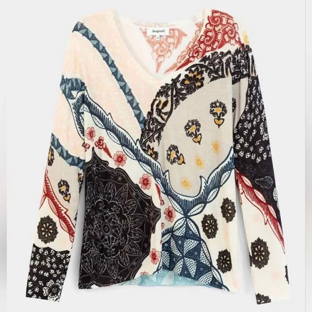 Desigual Floral Bergen Knit Long Sleeve V-neck Pullover Sweater
